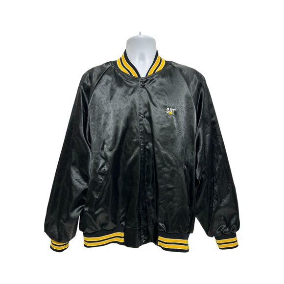 Hartwell Sports CAT Mens XL Black Satin Bomber Jacket Workwear Yellow Stripes - Picture 1 of 15